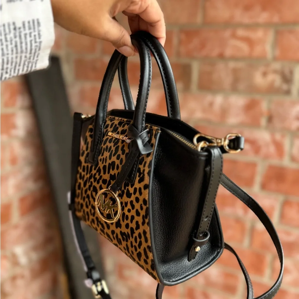 Michael Kors MINI Avril XS Cheetah Leather Satchel Crossbody Bag Black Multi